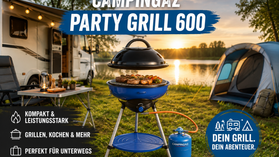 Der Campingaz Party Grill 600 wird auf einem Stellplatz neben einem Wohnwagen und Zelt für ein Barbecue genutzt.