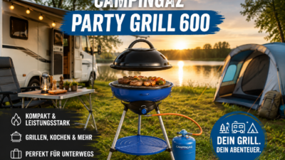 Der Campingaz Party Grill 600 wird auf einem Stellplatz neben einem Wohnwagen und Zelt für ein Barbecue genutzt.