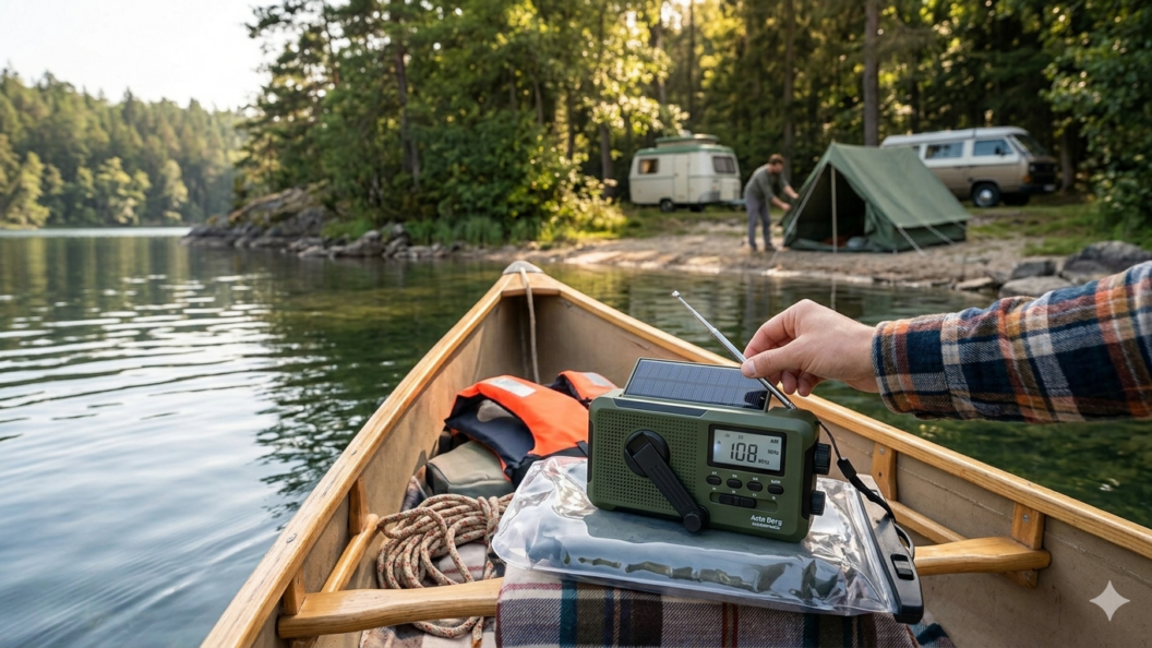 Ein grünes Acta Berg Notfall Radio mit Kurbel und Solarpanel liegt einsatzbereit in einem Kanu während einer Campingtour am See.