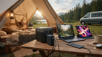 UGREEN 100W USB-C GaN Ladegerät beim Camping im Zelt, lädt MacBook, iPad und Smartphone an einer Powerstation mit Blick auf See und Berge.